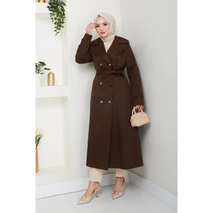 Kadın Düğmeli Kuşaklı Kahverengi Trençkot