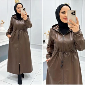 Kadın Kapüşonlu Uzun Deri Kap