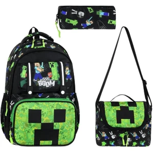 Ilkokul Çantası Minecraft 3'lü Set 42*30 cm Beslenme Çantası Kalem Kutusu Ortopedik Erkek Çocuk