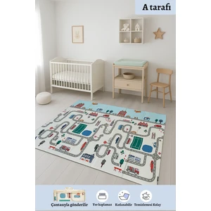 Premium Yol Desenli-Hayvanlı Çift Taraflı Katlanabilir Oyun Mati Oyun Halısı 150X200(TAŞIMA ÇANTALI)