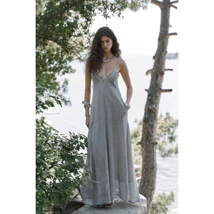 Cinas Askılı Uzun Füme Keten Elbise