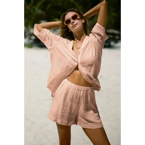 Kadın Müslin Plaj Seti - Gömlek ve Şort Takımı - Plaj, Günlük. - 2 Katdoğal Müslin Kumaş.