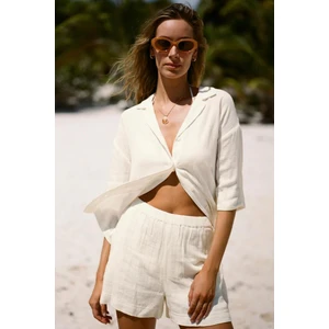 Kadın Müslin Plaj Seti - Gömlek ve Şort Takımı - Plaj, Günlük. - 2 Katdoğal Müslin Kumaş.