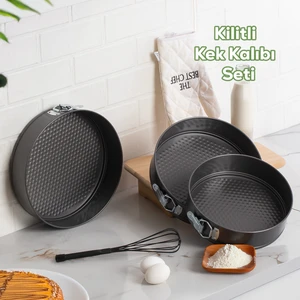 912 3lü Yanmaz Yapışmaz Metal Kilitli Kelepçeli Yuvarlak Kek Kalıbı Seti