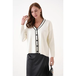 Kontrast Şeritli V Yaka Triko Hırka