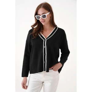 Kontrast Şeritli V Yaka Triko Hırka