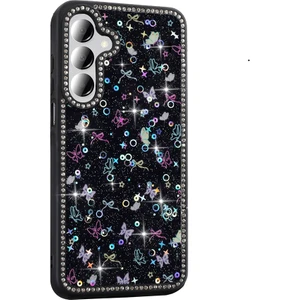 Samsung Galaxy A16 Uyumlu Kılıf Simli ve Taşlı Dizayn Azra Kapak Siyah
