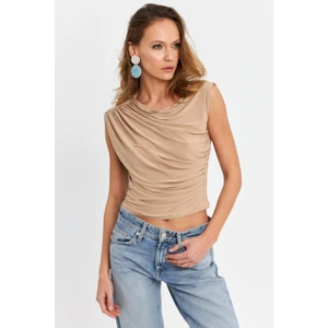 Kadın Camel Büzgülü Kolsuz Bluz LPP1205-90