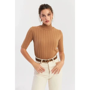 Kadın Camel Yarım Balıkçı Triko Bluz YV287