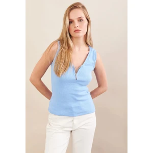 Kadın Mavi Fermuarlı Kaşkorse Bluz EY3106