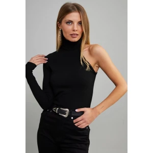 Kadın Siyah Balıkçı Yaka Tek Kol Kaşkorse Bluz EY1118