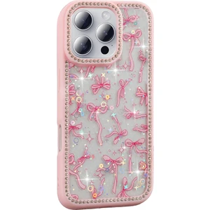 iPhone 16 Pro Uyumlu Kılıf Simli ve Taşlı Dizayn Azra Kapak Pembe