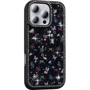 iPhone 16 Pro Uyumlu Kılıf Simli ve Taşlı Dizayn Azra Kapak Siyah