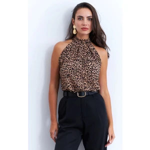 Kadın Camel-Siyah Halter Yaka Leopardesenli Bluz LPP1273