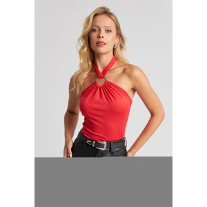 Kadın Kırmızı Boyun Bağlamalı Halkalı Crop Bluz EY2674