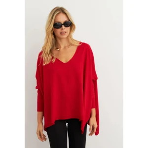 Kadın Kırmızı V Yaka Salaş Bluz YV304