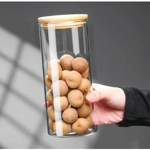 1400 cc - (3'lü Set) Borosilkat Cam Baharatlık - Bambu Kapaklı - Saklama Kabı - (9 cm x 22 Cm)