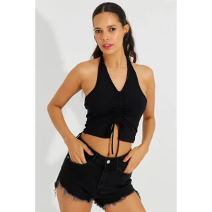 Kadın Siyah Sırtı Açık Crop Bluz B2697