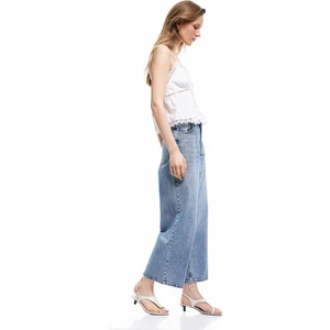 Pamuklu Düğmeli Cepli Normal Bel Crop Geniş Paça Jean Pantolon - Wide Leg Jean