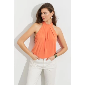 Kadın Turuncu Halter Yaka Desenli Bluz LPP1273