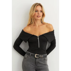 Kadın Antrasit Fermuarlı Madonna Yaka Bluz EY2559