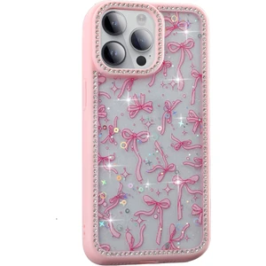 iPhone 14 Pro Uyumlu Kılıf Simli ve Taşlı Dizayn Azra Kapak Pembe