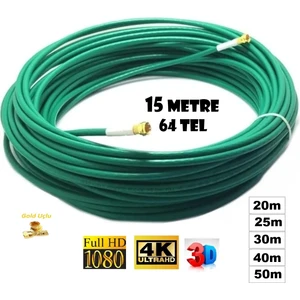 15 Metre 64 Tel Gold Uçlu Rg6/u4 Uydu Anten Kablosu 3D 4K Fullhd 1080 Uyumlu Tak Kullan Yeşil