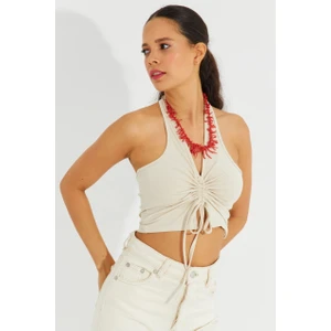 Kadın Vanilya Sırtı Açık Crop Bluz B2697