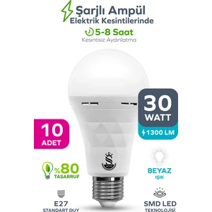 Şarjlı Akülü 15W Beyaz Işık LED Ampul-10 Adettir