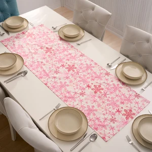 Özel Tasarım Pamuklu Dekoratif Kar Tanesi Desenli Pembe Dikdörtgen Runner 50X150
