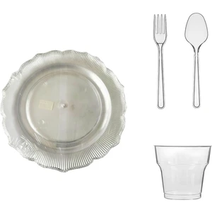 23 Cm. Plastik Mika Şeffaf Sorfa Piknik Seti - 24 Kişilik Tabak Bardak Çatal Kaşık Takımı