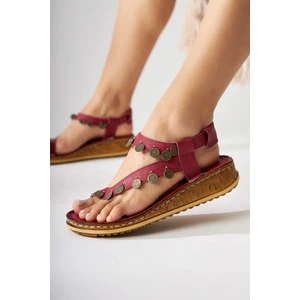 Hakiki Deri Lilah Bordo Antik Detaylı Sandalet