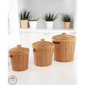 3'lü Hasır Kapaklı Patates Soğan Sepeti Seti | Rattan Görünümlü Çok Amaçlı Mutfak Sepeti