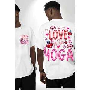Yoga Seviyorum Yoga Tutkunları Beyaz Oversize Kadın Erkek Ön ve Sırt Baskılı Tişört