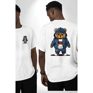 Rahat ve Şık Sporcu Ayıcık Beyaz Oversize Kadın Erkek Ön ve Sırt Baskılı Tişört