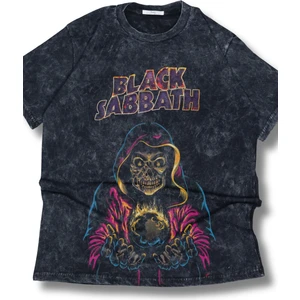Unisex Renkli Black Sabbath Baskılı Yıkamalı T-Shirt, Oversize Rock Grubu Temalı Retro Tişört
