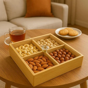 Bambu Kare 4 Bölmeli Çerezlik - Kahvaltılık Akrilik Kapaklı 24 cm