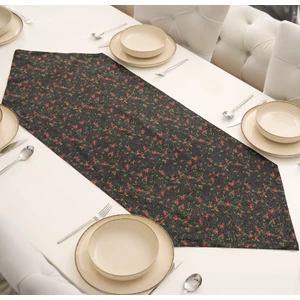 Özel Tasarım Dekoratif Ranforce Pamuklu Kumaş Kiraz Desenli Siyah Üçgen Dekoratif Runner 50X150