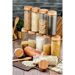 12'li Ahşap Görünümlü Plastik Kapaklı Cam Kavanoz Erzak Bakliyat Saklama Kabı Seti 1350 ml