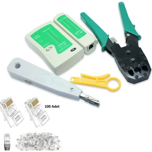 Kablo Soyucusu Pense RJ45 RJ11 Jak Sıkma Pensesi + Kablo Test Cihazı + Kablo Soyucu + Krone Bıçağı + RJ45 100 Lü Jak Utp 8P8C Set Network Aksesuarları