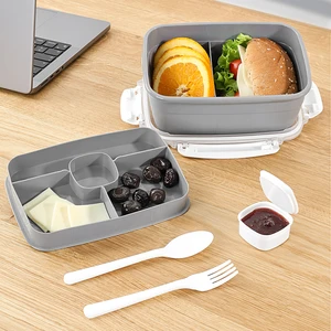 2 Katlı Kilitli Kapak Yemek Kabı - Bölmeli Lunch Box Diyet Beslenme Kutusu Sosluk Çatal Kaşık Gri
