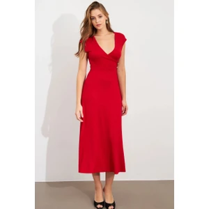 Kadın Kırmızı Düğme Detaylı Kruvaze Midi Elbise EY0011