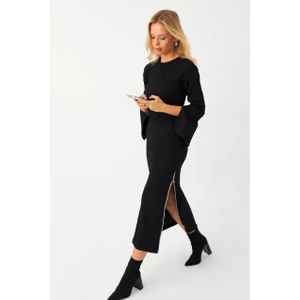 Kadın Siyah Fermuarlı Yırtmaçlı Kaşkorse Midi Elbise EY2990