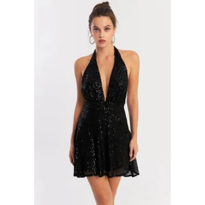 Kadın Siyah Sırtı Açık Payetli Astarlı Mini Elbise DCF046