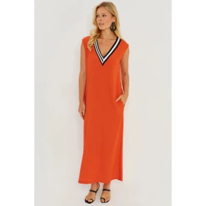 Kadın Turuncu V Yaka Bloklu Maxi Elbise EY2779