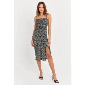 Kadın Siyah-Ekru Askılı Bürümcük Midi Elbise KAB302