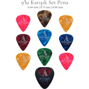 9’lu Gitar Pena Seti | Selüloid | 0.46 - 0.71 - 0.96 mm | Karışık Renk | Pena Şarjörü Hediye!