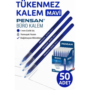 Tükenmez Kalem Mavi 1.0 mm 50'li Ekonomik Paket | Büro Tipi Yazım Kalem Dağılmayan Mürekkep Çelik Uç