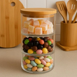 3 Katlı Vakumlu Bambu Kapaklı Cam Şekerlik - Lokumluk - Drajelik - Kahvaltılık - Çerezlik 900 ml