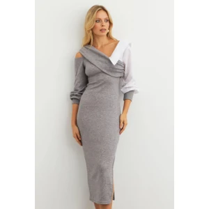 Kadın Gri Blok Kumaşlı Asimetrik Yaka Maxi Elbise KED4469